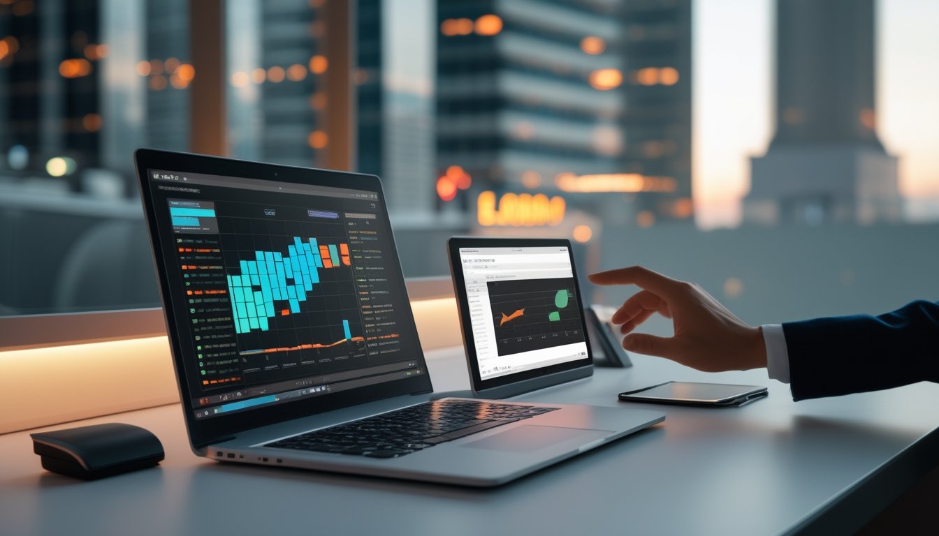 Meja kerja modern dengan laptop, ponsel, dan tablet yang menampilkan grafik data abstrak.
