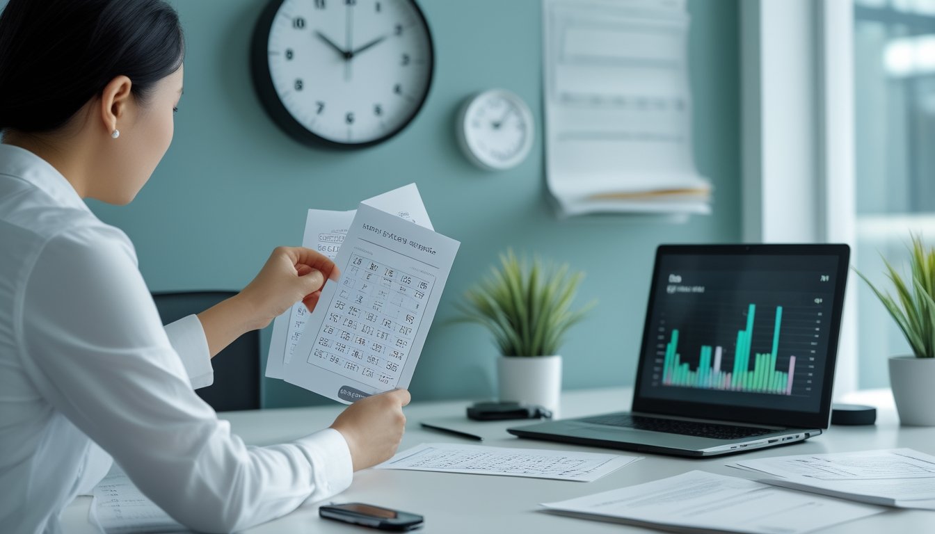 Seorang analis memeriksa kartu hasil dan kalender di meja kerja dengan laptop serta jam.