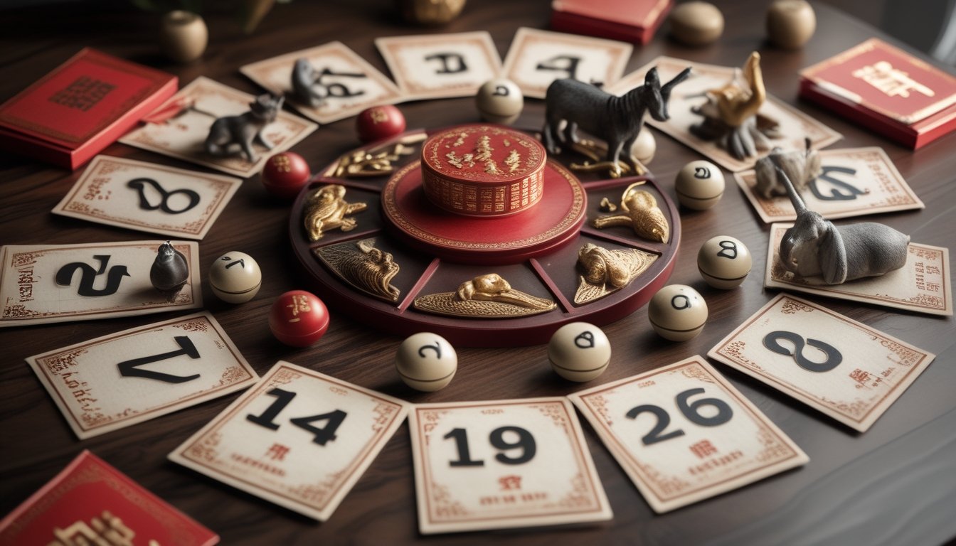 Figur berbagai shio Tionghoa mengelilingi kalender tradisional, bola bernomor, dan amplop merah di atas meja kayu.