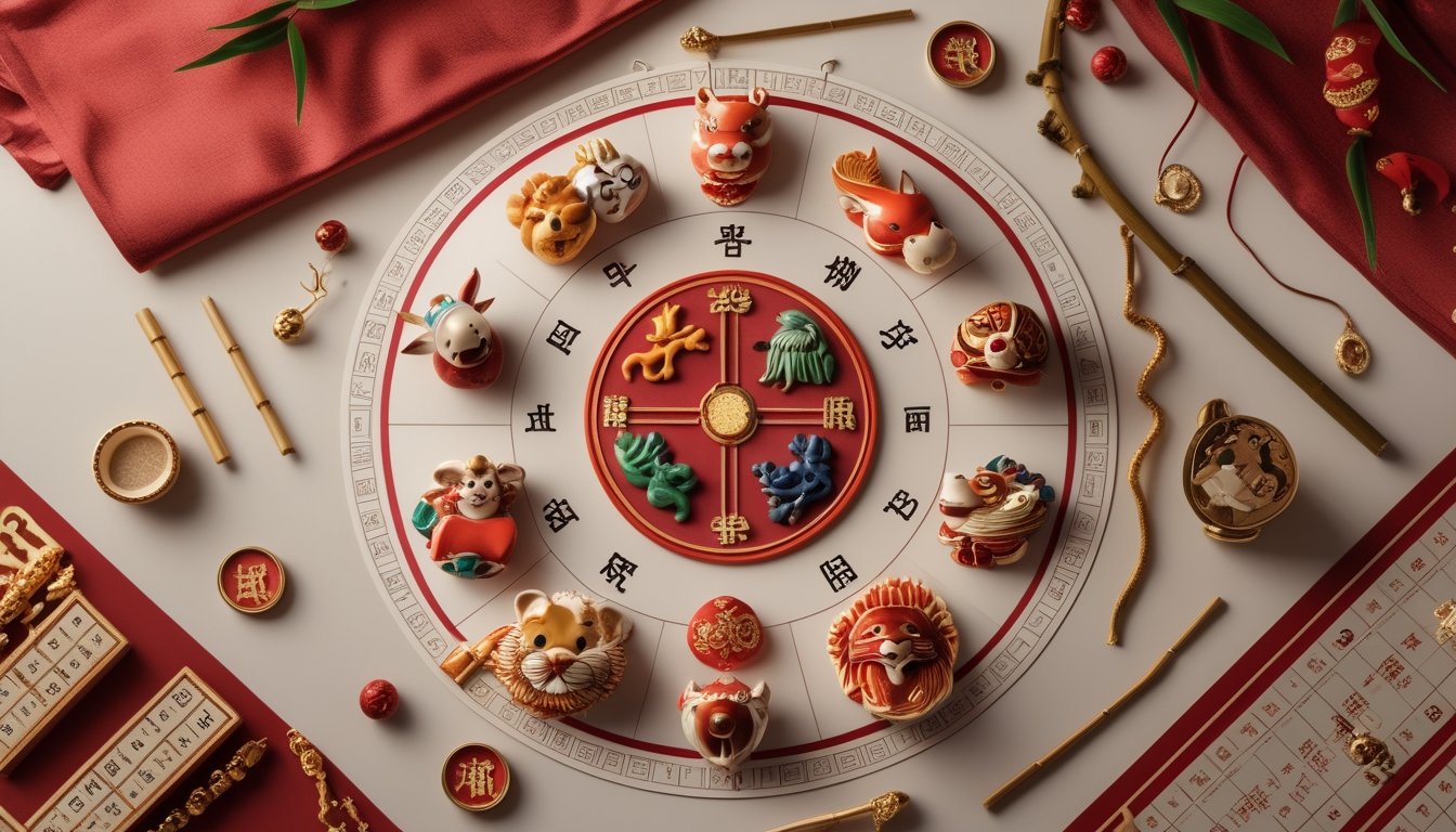 Dua belas simbol hewan shio tersusun mengelilingi kalender Tionghoa dengan ornamen merah dan emas.