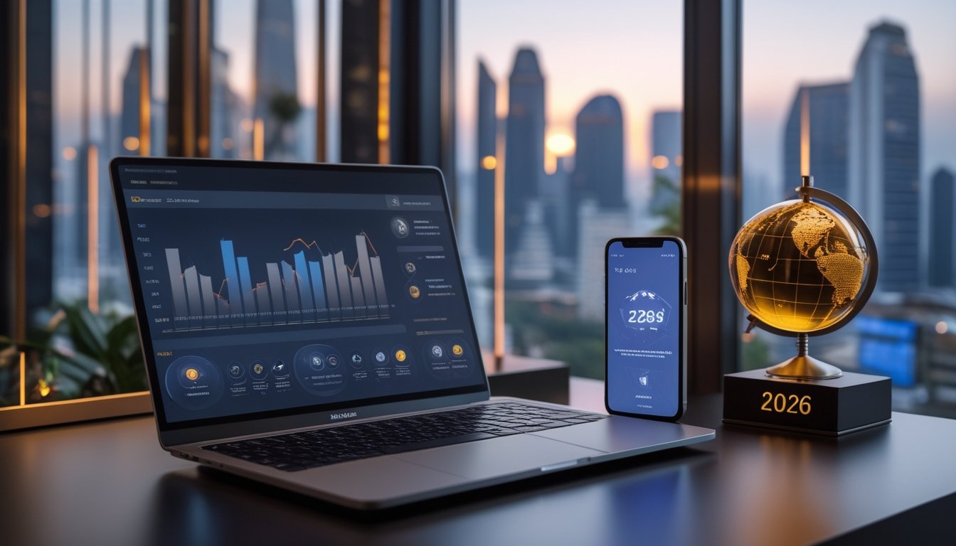 Laptop dan ponsel dengan tampilan digital abstrak di meja modern, berlatar pemandangan kota.