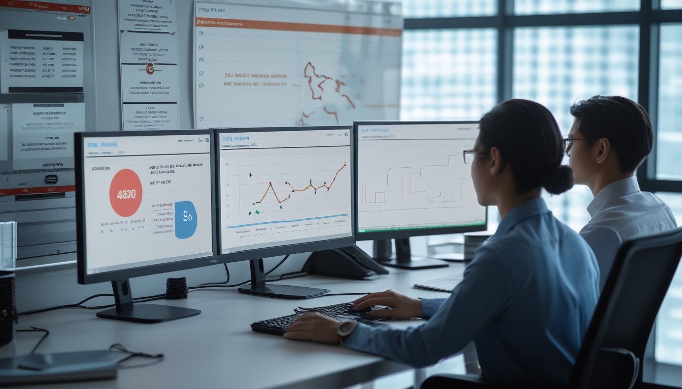 Tim peneliti Indonesia menganalisis perkembangan pasar melalui grafik digital dan peta wilayah di kantor modern.