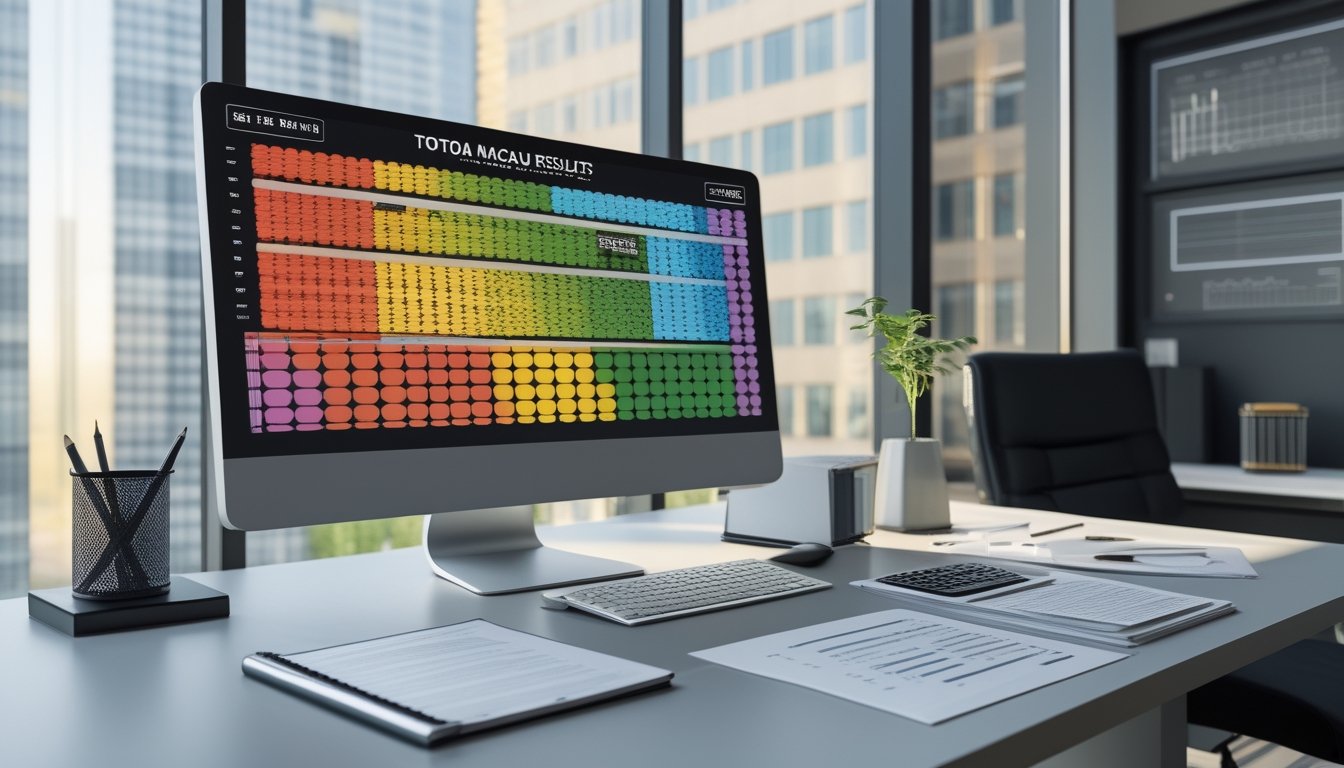Meja kerja modern dengan monitor menampilkan pola data statistik berwarna-warni, grafik abstrak, kalkulator, dan dokumen analisis.
