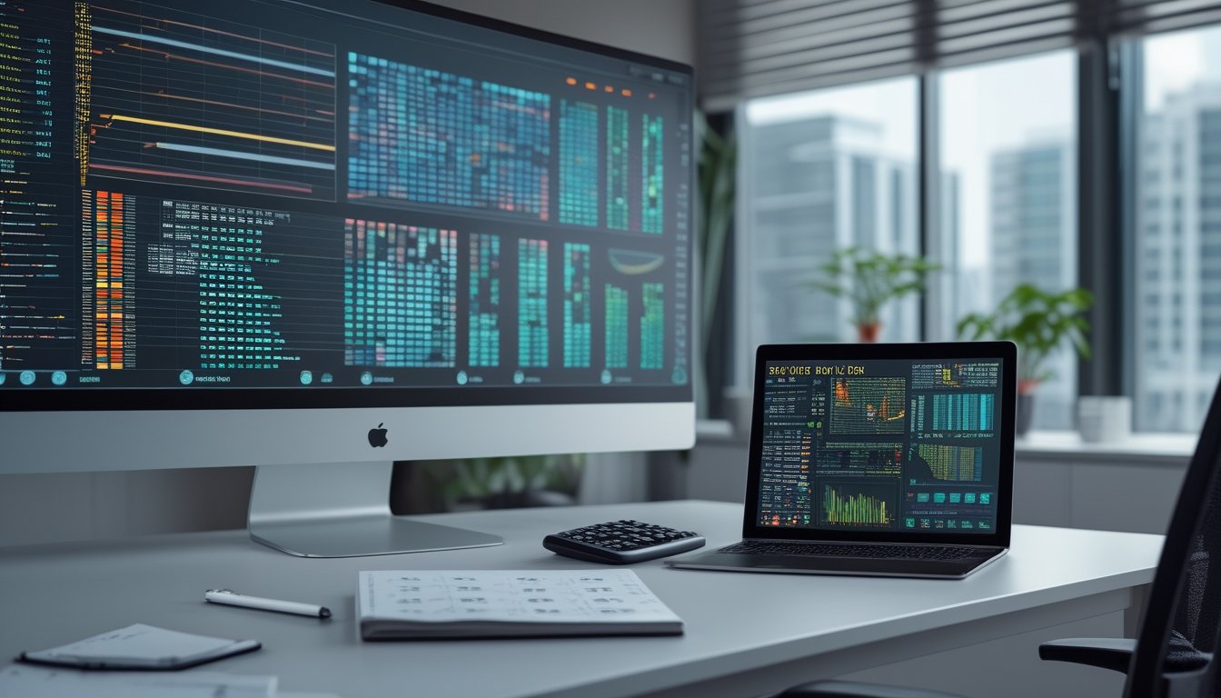 Meja kerja analis dengan monitor yang menampilkan grafik statistik dan pola data berwarna.