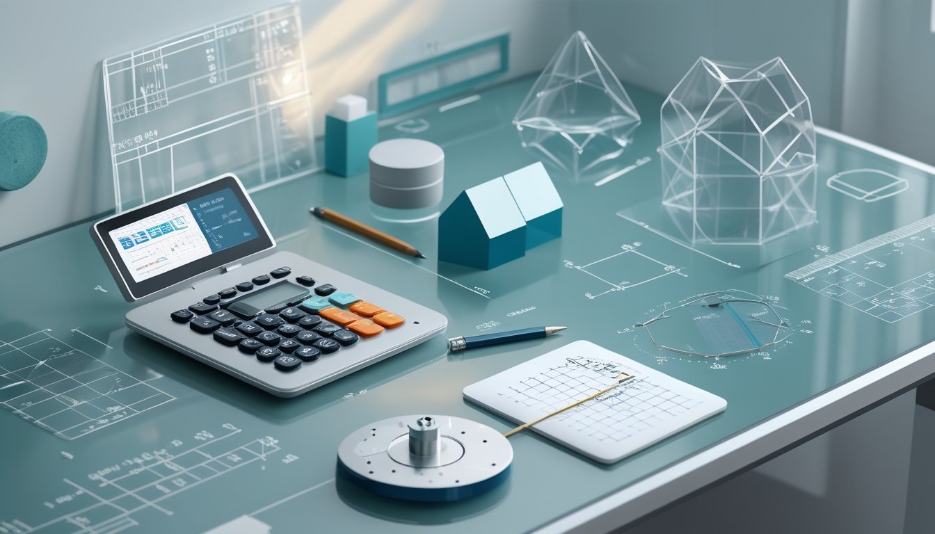 Meja belajar dengan bentuk geometri 2D dan 3D, kalkulator, penggaris, serta alat gambar.