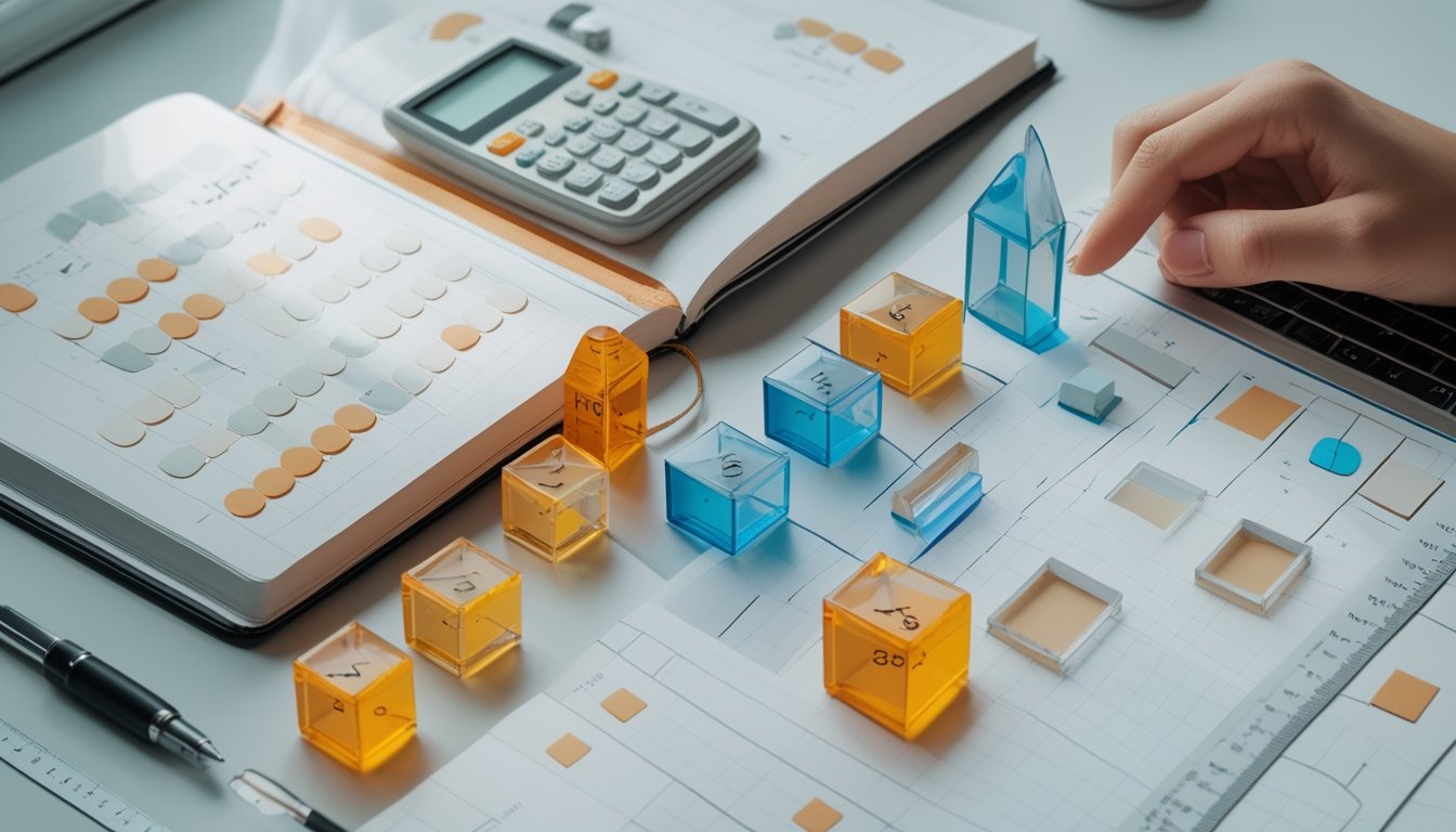 Meja belajar dengan kubus, keping geometris, kalkulator, dan pola susunan matematika dua dimensi serta tiga dimensi.