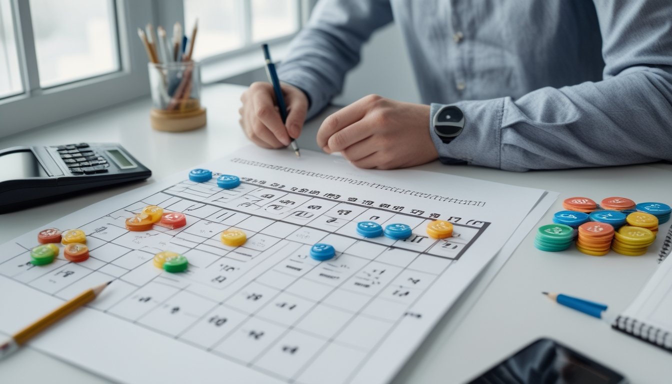 Seseorang mempelajari kombinasi angka dua digit dan tiga digit di meja dengan kalkulator, buku catatan, serta keping angka.