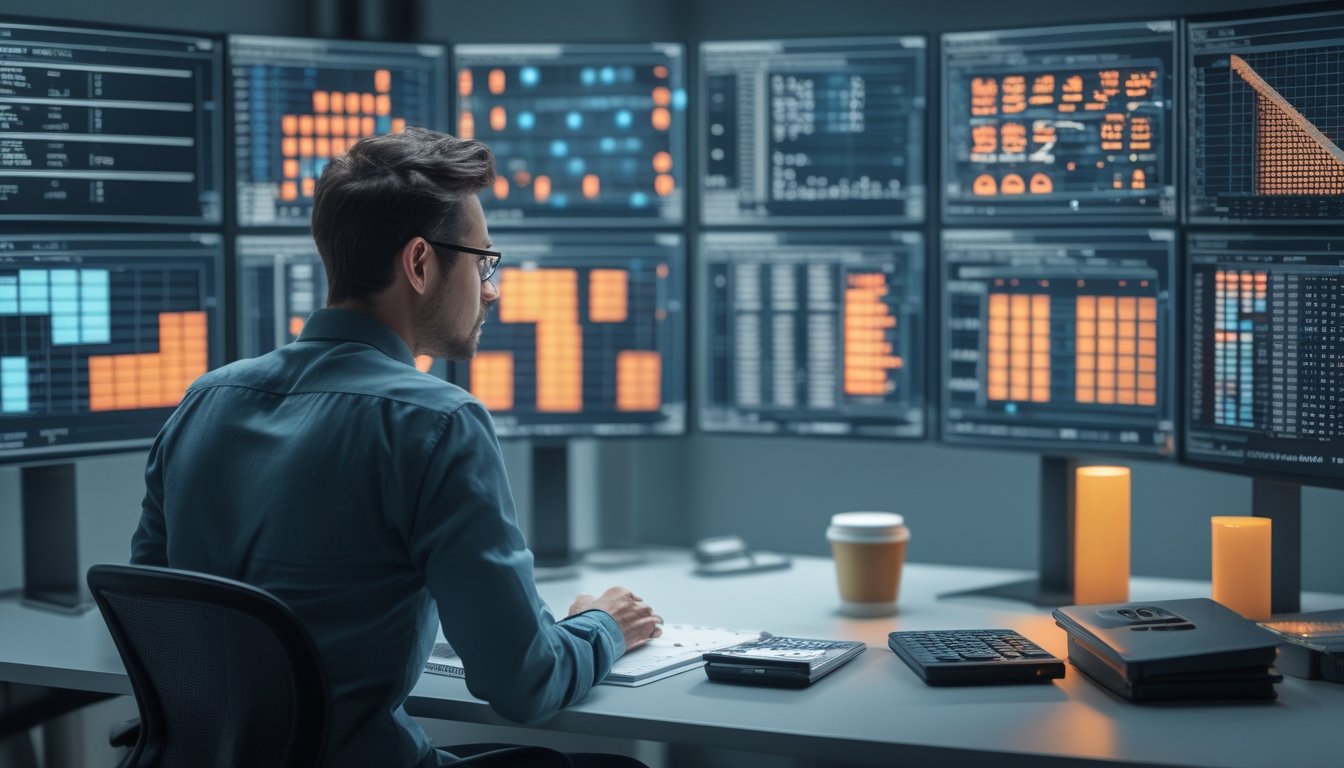Analis sedang mengamati visualisasi data abstrak pada beberapa monitor di ruang kerja modern.