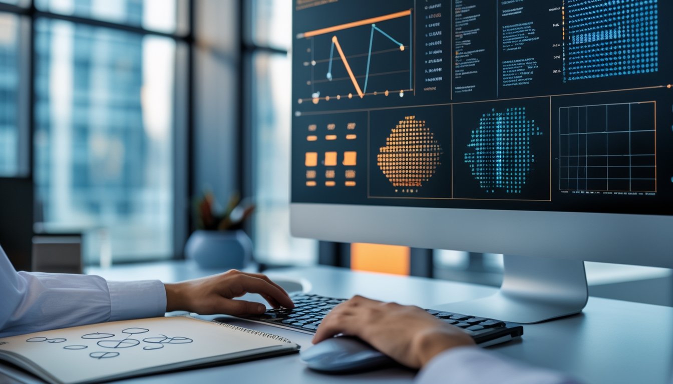 Peneliti menganalisis pola angka abstrak dan visualisasi data 2D serta 3D di ruang kerja modern.