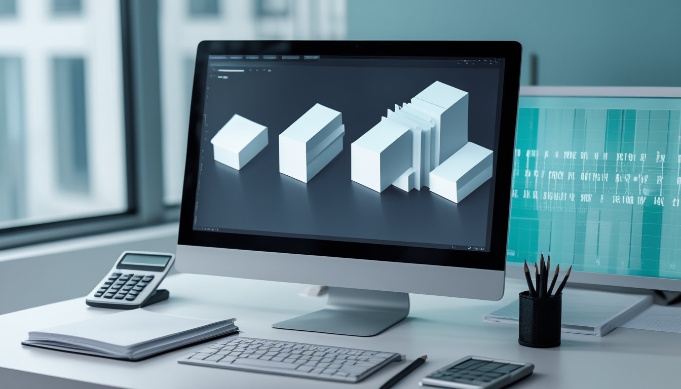 Meja kerja modern dengan monitor yang menampilkan visualisasi pola angka dua dimensi dan tiga dimensi secara abstrak.