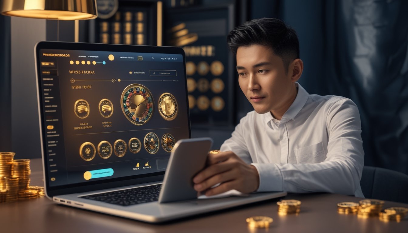 Seseorang melihat laptop dengan elemen visual bonus kasino online, dikelilingi koin emas dan aksesori permainan.