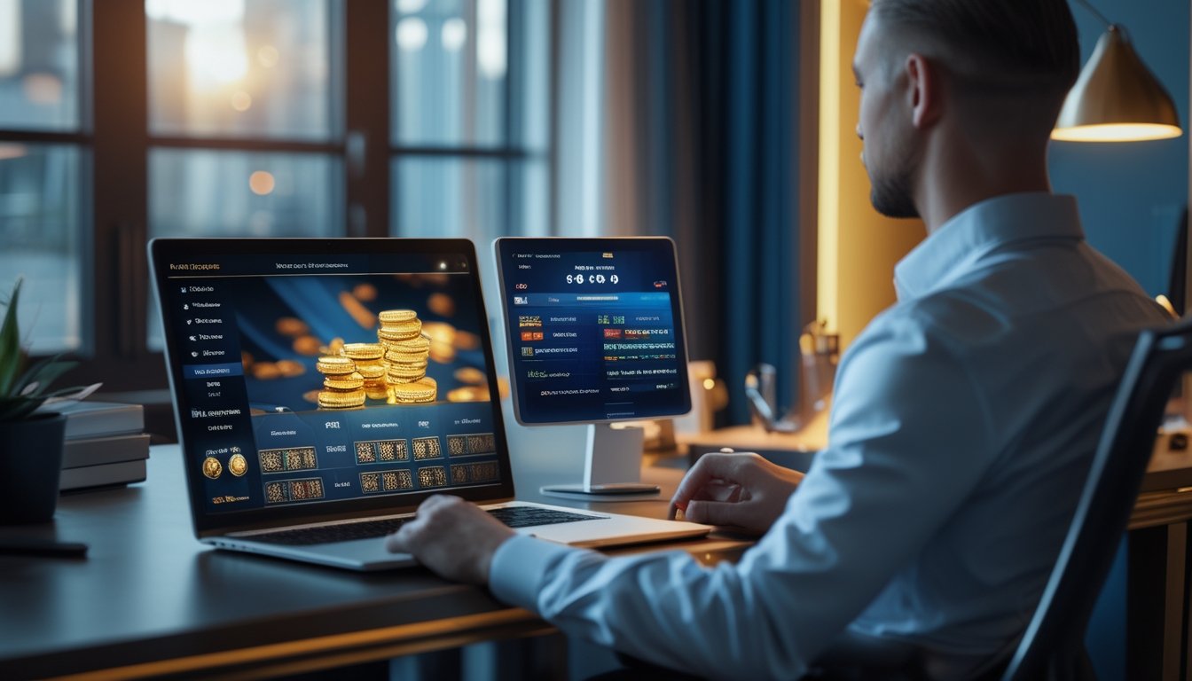 Seseorang menggunakan laptop dan ponsel untuk mengakses platform kasino online dengan elemen bonus emas.