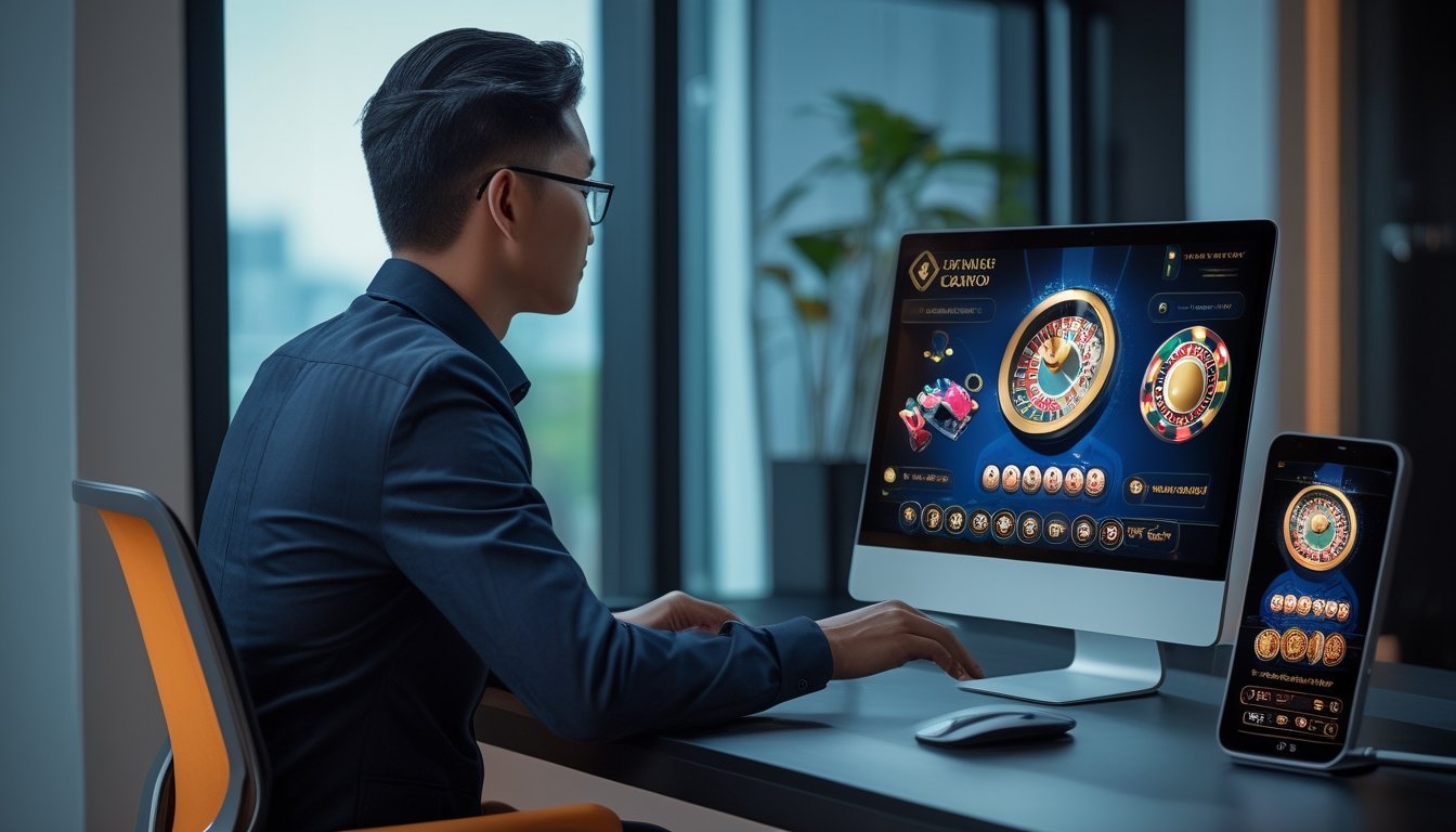 Orang dewasa melihat laptop dan ponsel dengan tampilan permainan kasino abstrak di meja kerja modern.