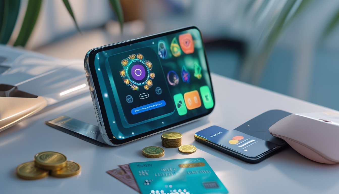 Ponsel dengan tampilan permainan kasino digital, dompet pembayaran, serta uang rupiah di atas meja.