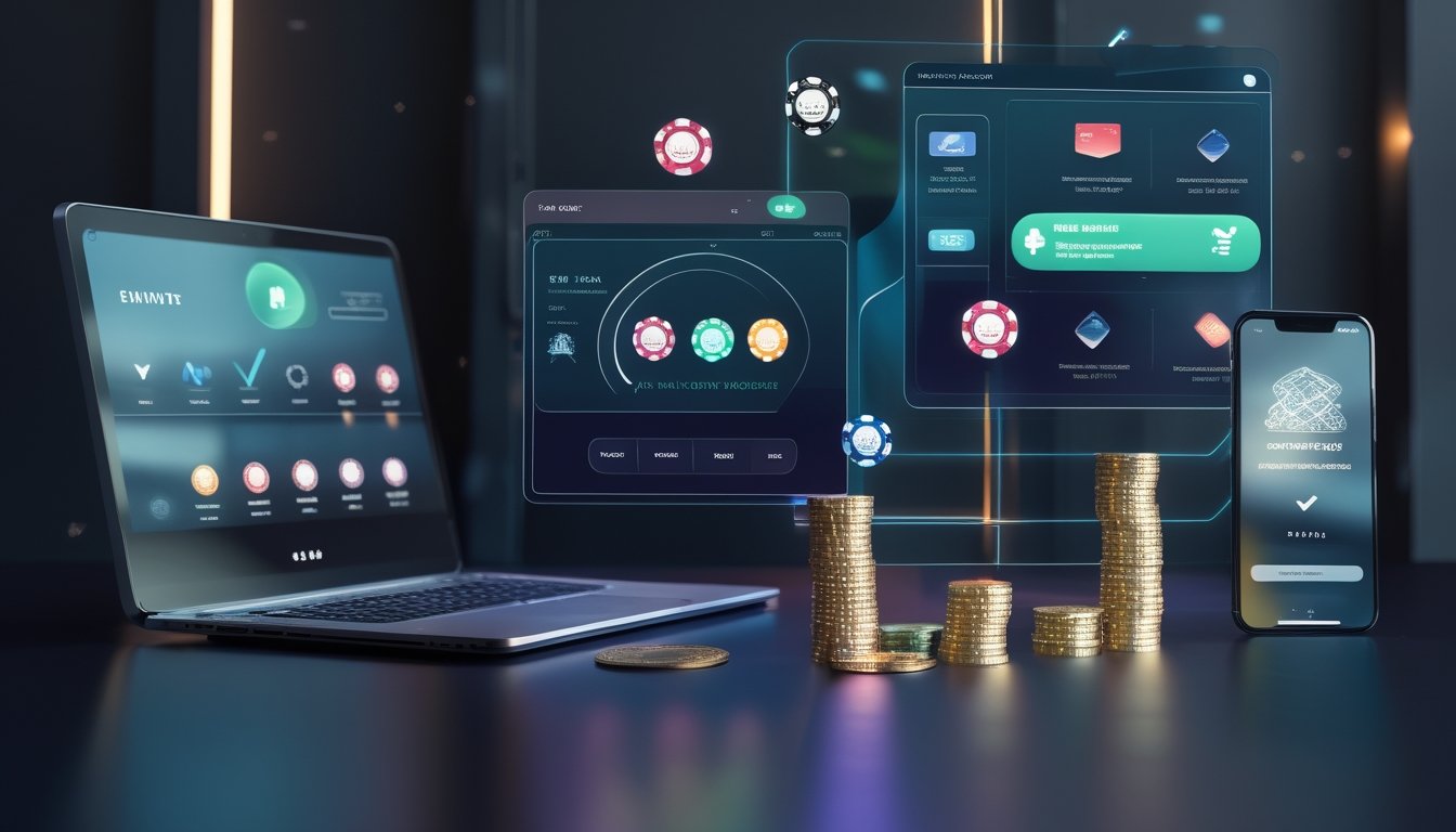 Laptop dan ponsel menampilkan platform kasino daring dengan berbagai pilihan pembayaran dompet elektronik.