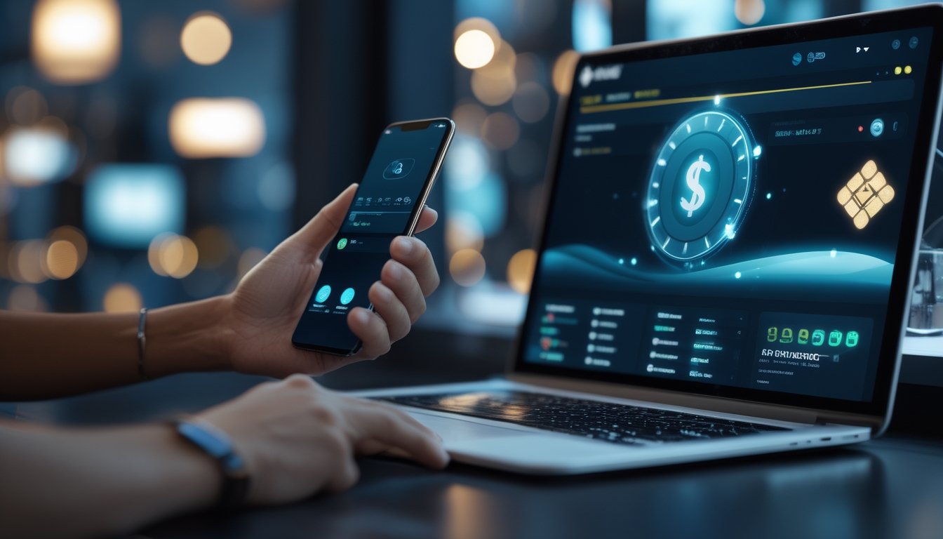 Pengguna memeriksa dompet digital di ponsel dengan laptop yang menampilkan antarmuka permainan kasino daring.