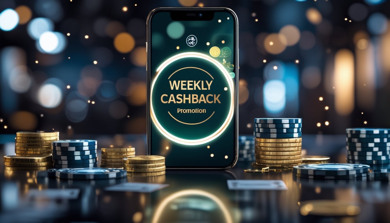 Suasana kasino online premium dengan ponsel, kartu permainan, keping kasino, dan koin emas berkilau di atas permukaan gelap.