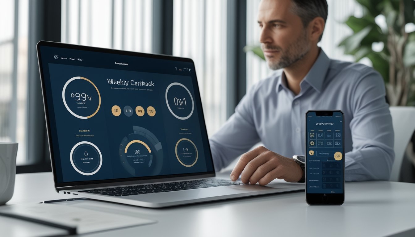 Seseorang memeriksa dasbor hadiah mingguan di laptop dan ponsel pada meja kerja modern.