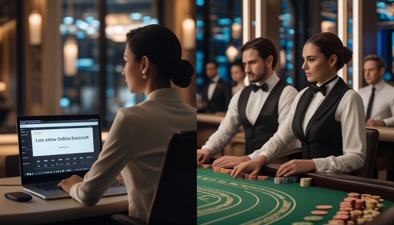 Kolase suasana baccarat online melalui laptop dan permainan baccarat konvensional di meja kasino.
