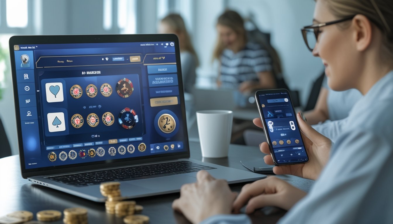 Sekelompok orang dewasa membandingkan permainan kasino digital pada laptop dan ponsel di ruang modern.