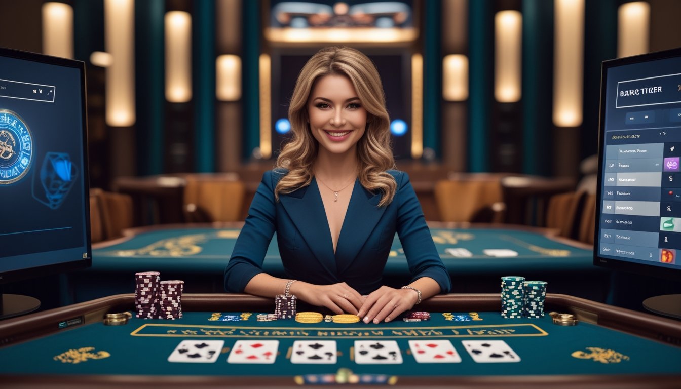 Dealer wanita memandu permainan kartu Dragon Tiger di meja kasino dengan kartu dan keping taruhan.