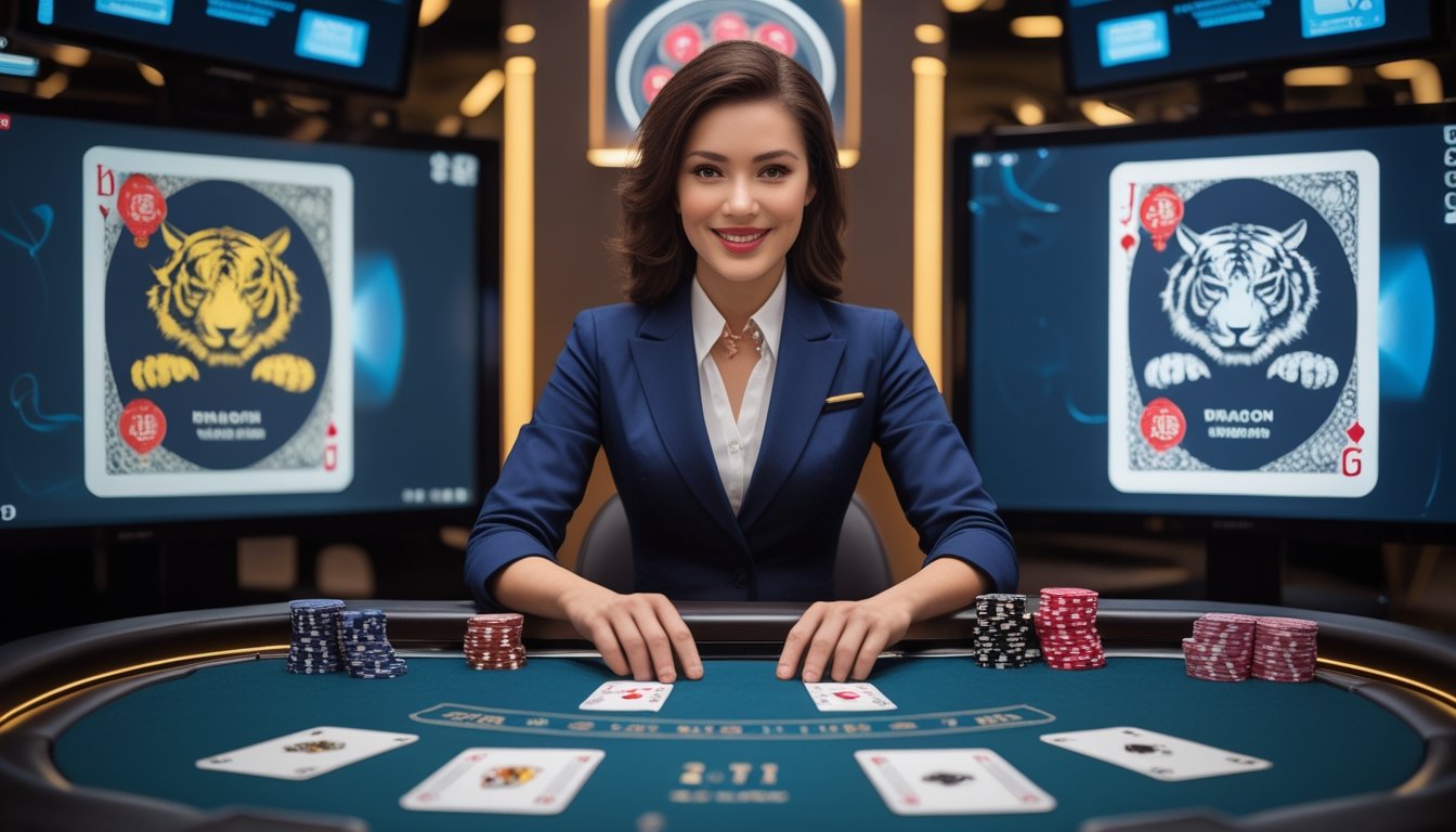 Dealer wanita profesional memandu permainan kartu Dragon Tiger di meja studio kasino modern.