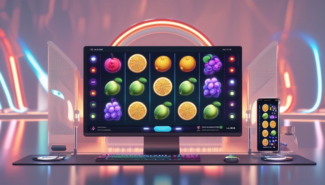 Layar komputer dan ponsel menampilkan permainan slot bertema buah dengan simbol ceri, lemon, jeruk, semangka, anggur, dan stroberi.