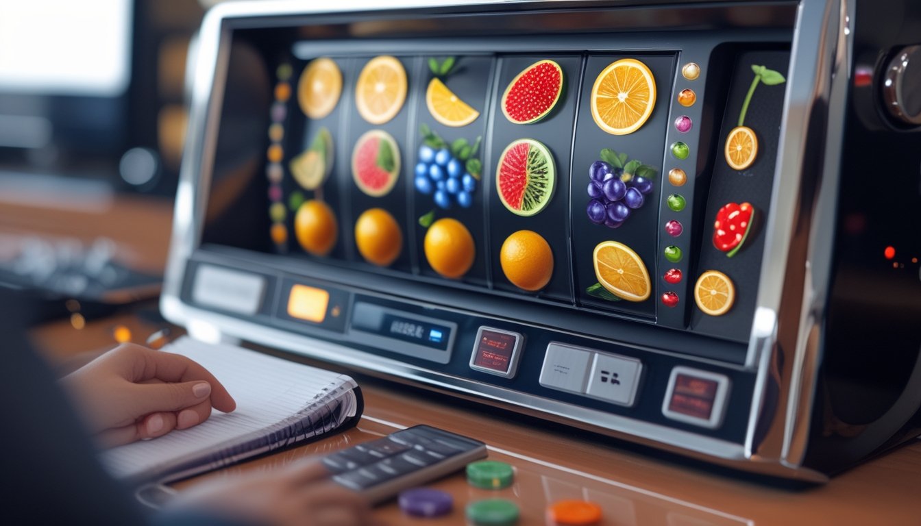 Mesin slot bertema buah dengan simbol buah berwarna-warni, tablet, buku catatan kosong, dan kalkulator di meja.