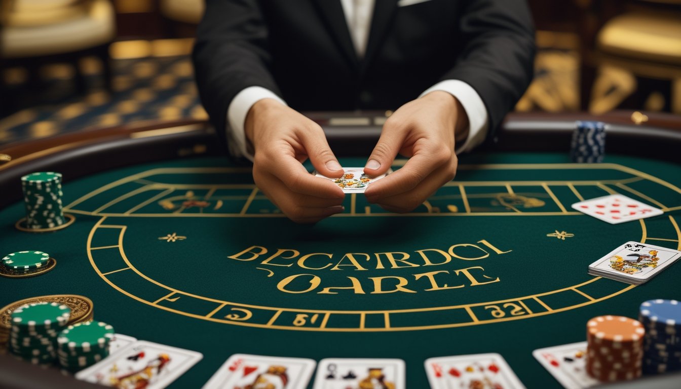 Tangan pemain membuka kartu baccarat secara perlahan di atas meja kasino, dengan dealer berdiri di belakang.