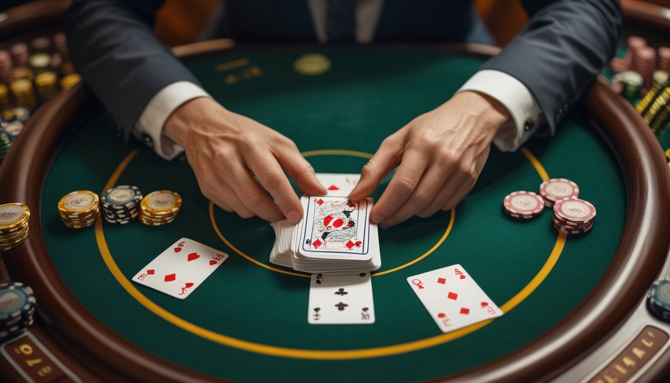 Tangan dealer membuka kartu baccarat di atas meja hijau dengan keping taruhan tersusun rapi.