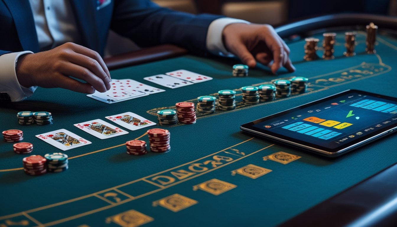 Pemain dewasa menganalisis permainan baccarat online di meja kasino dengan kartu dan keping taruhan.