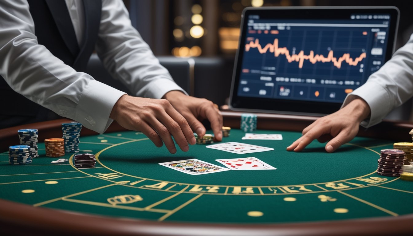 Dealer menata kartu baccarat di meja kasino dengan keping taruhan dan perangkat analisis di latar belakang.