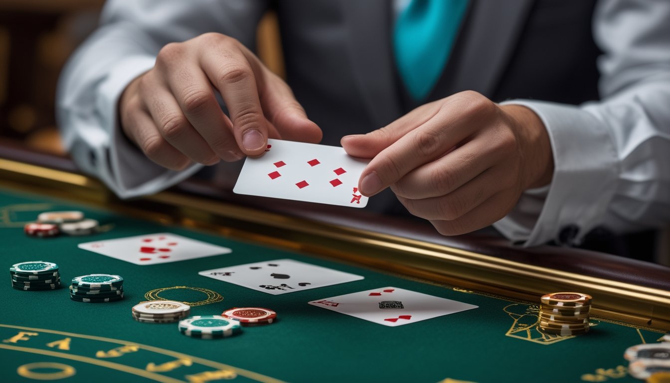 Tangan pemain mengangkat sudut kartu baccarat di atas meja kasino dengan beberapa keping chip.