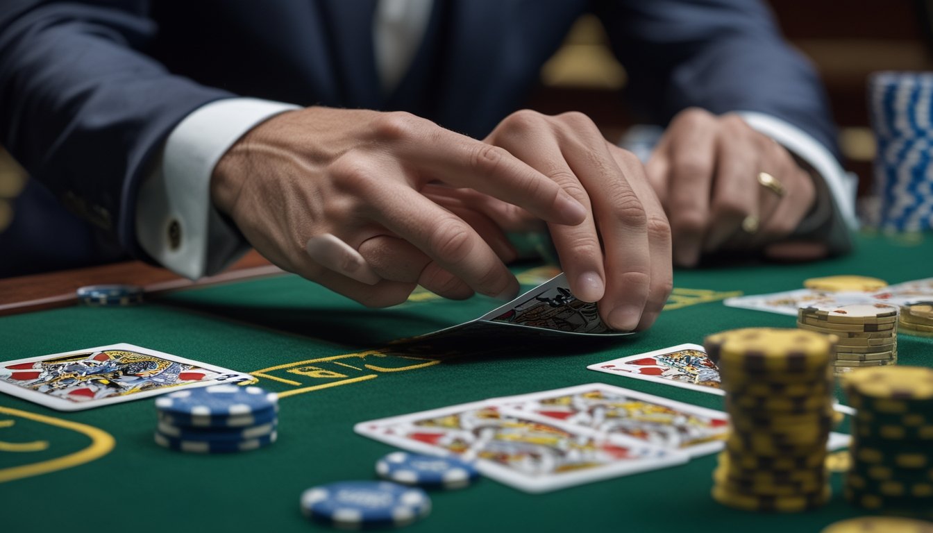 Tangan pemain mengangkat sudut kartu baccarat di atas meja hijau dengan beberapa keping chip kasino.