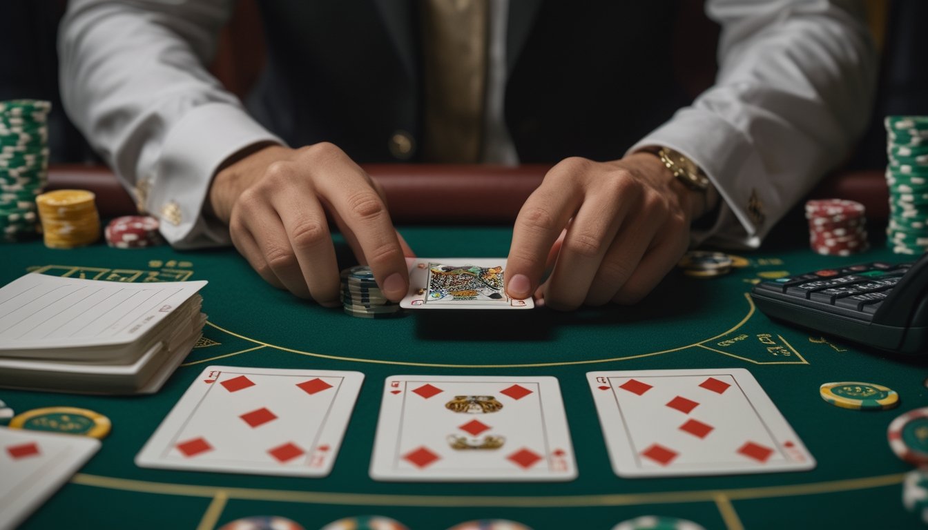 Tangan seseorang membuka sudut kartu di atas meja baccarat dengan kartu lain, keping kasino, dan kalkulator di sekitarnya.