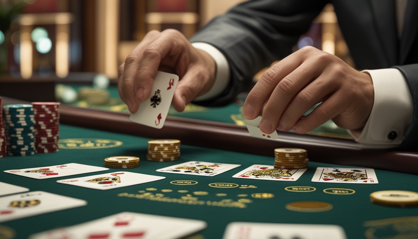 Tangan dealer membuka kartu di atas meja baccarat dengan tumpukan chip kasino.