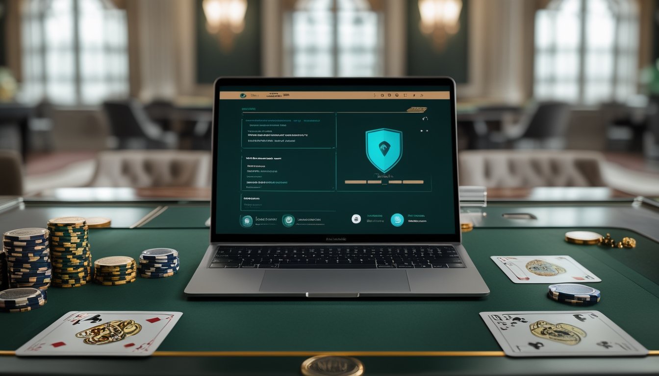 Meja baccarat dengan kartu, chip kasino, dan laptop yang menampilkan antarmuka permainan daring.