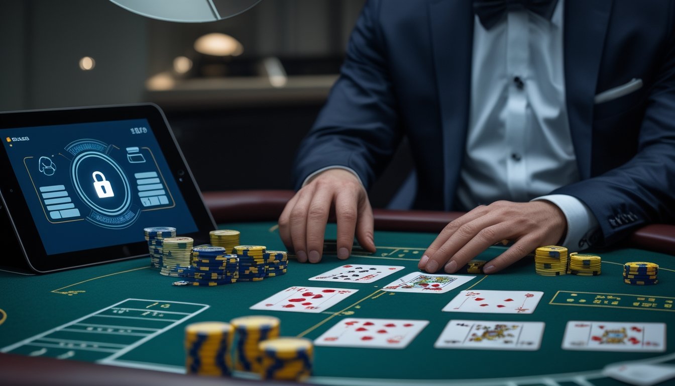 Dealer menyusun kartu dan keping baccarat di meja permainan modern dengan simbol keamanan digital.