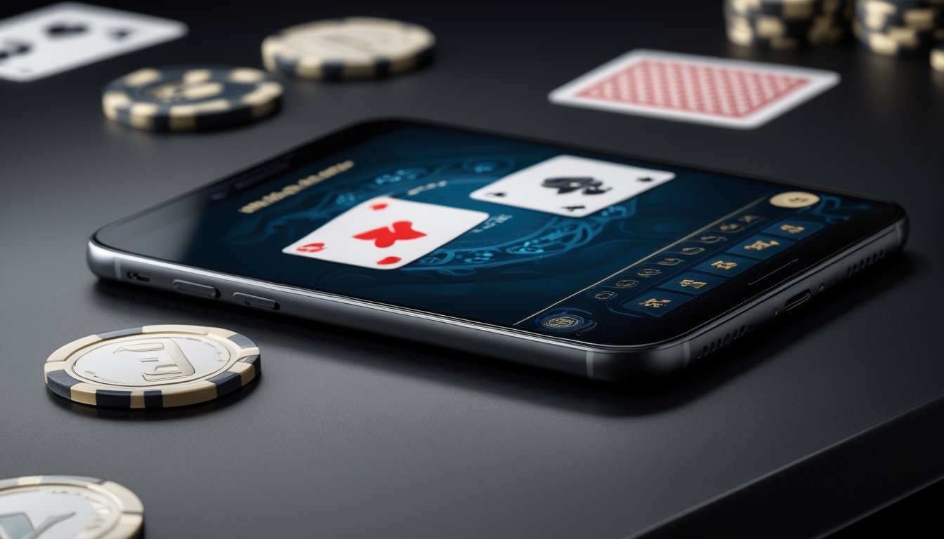 Ponsel menampilkan permainan kartu bergaya baccarat dengan kartu dan keping kasino di atas meja gelap.