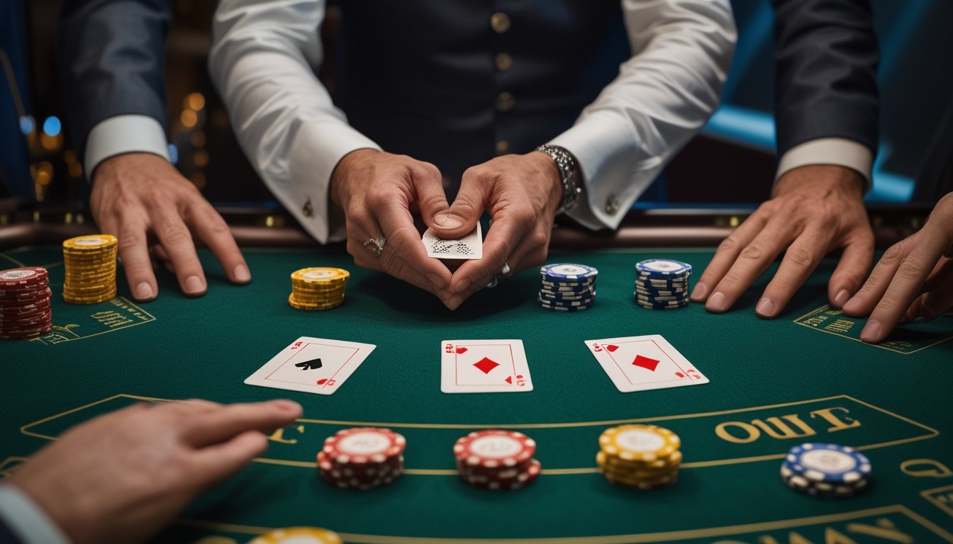 Dealer membuka kartu baccarat di atas meja kasino dengan beberapa keping chip di sekitarnya.