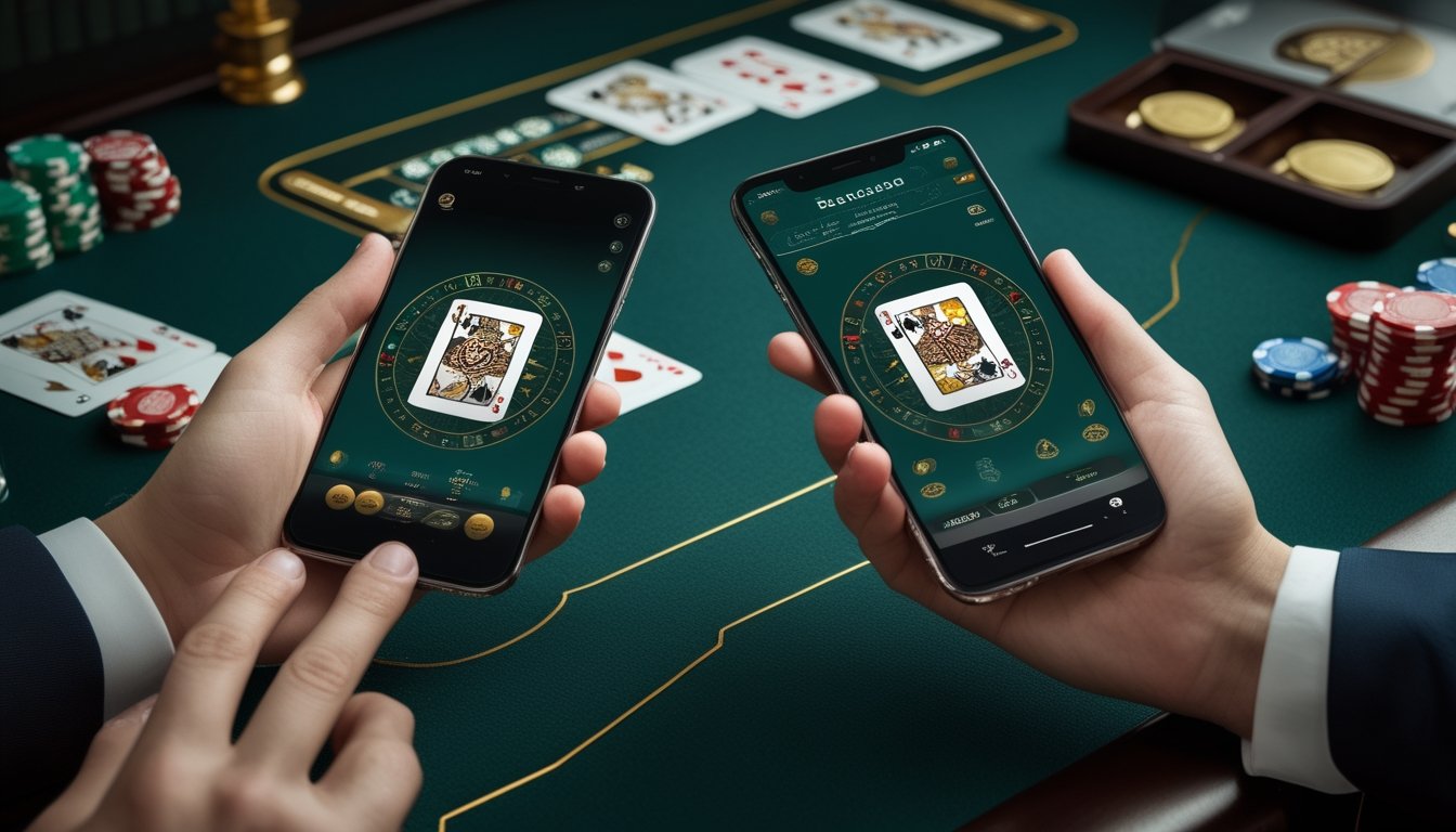 Dua ponsel menampilkan permainan baccarat di atas meja gelap dengan kartu dan keping kasino.