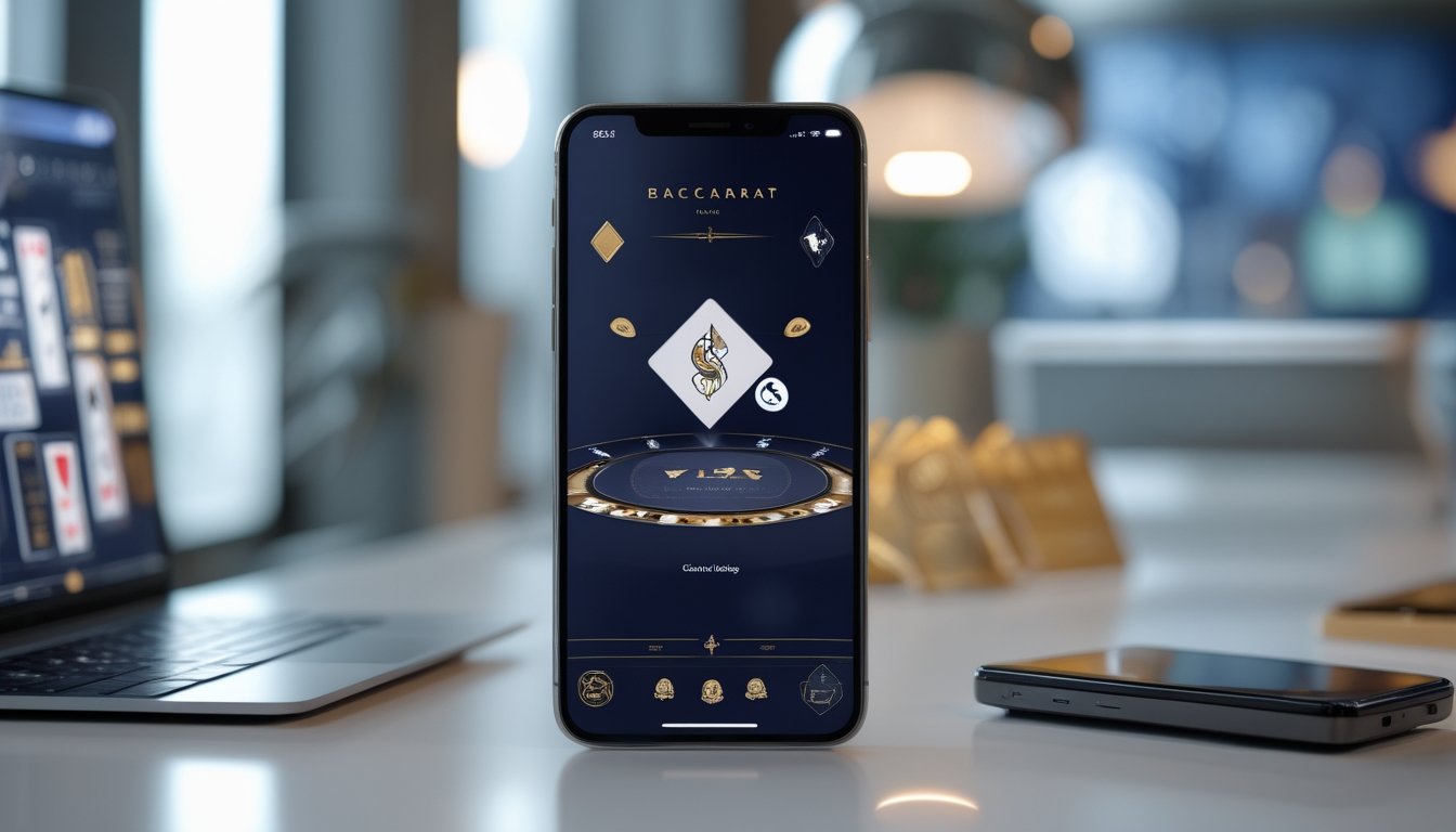 Dua ponsel menampilkan antarmuka permainan baccarat dengan simbol keamanan di meja kerja modern.