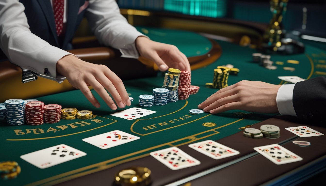 Meja baccarat dengan kartu, tumpukan chip, dan tangan dealer yang sedang menyiapkan permainan.
