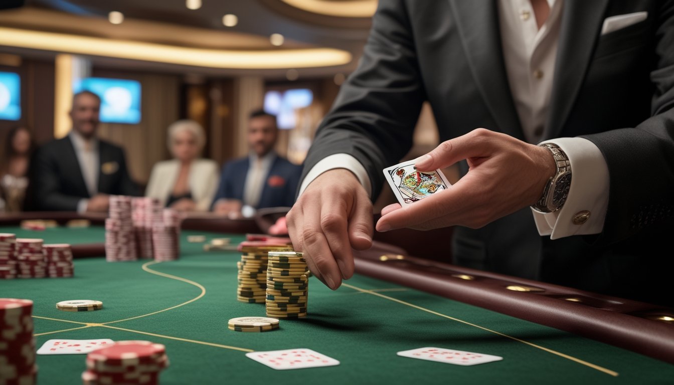 Dealer sedang membuka kartu baccarat di meja kasino dengan chip dan pemain di latar belakang.