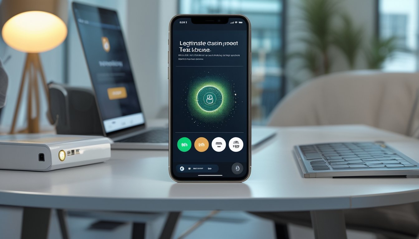 Ponsel menampilkan antarmuka kasino digital abstrak dengan simbol pembayaran QR di atas meja modern.
