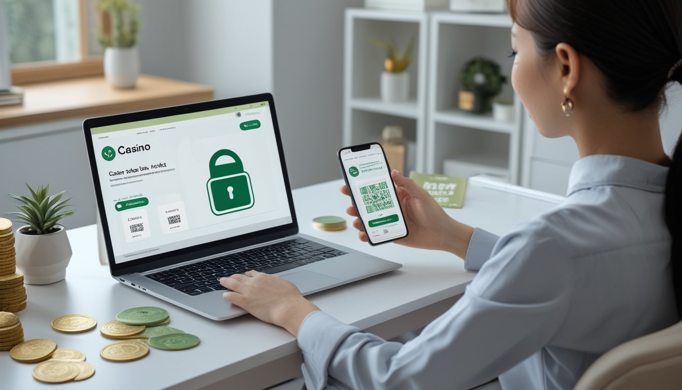 Pengguna dewasa memeriksa platform kasino daring aman dengan pemindaian QRIS di ruang kerja modern.