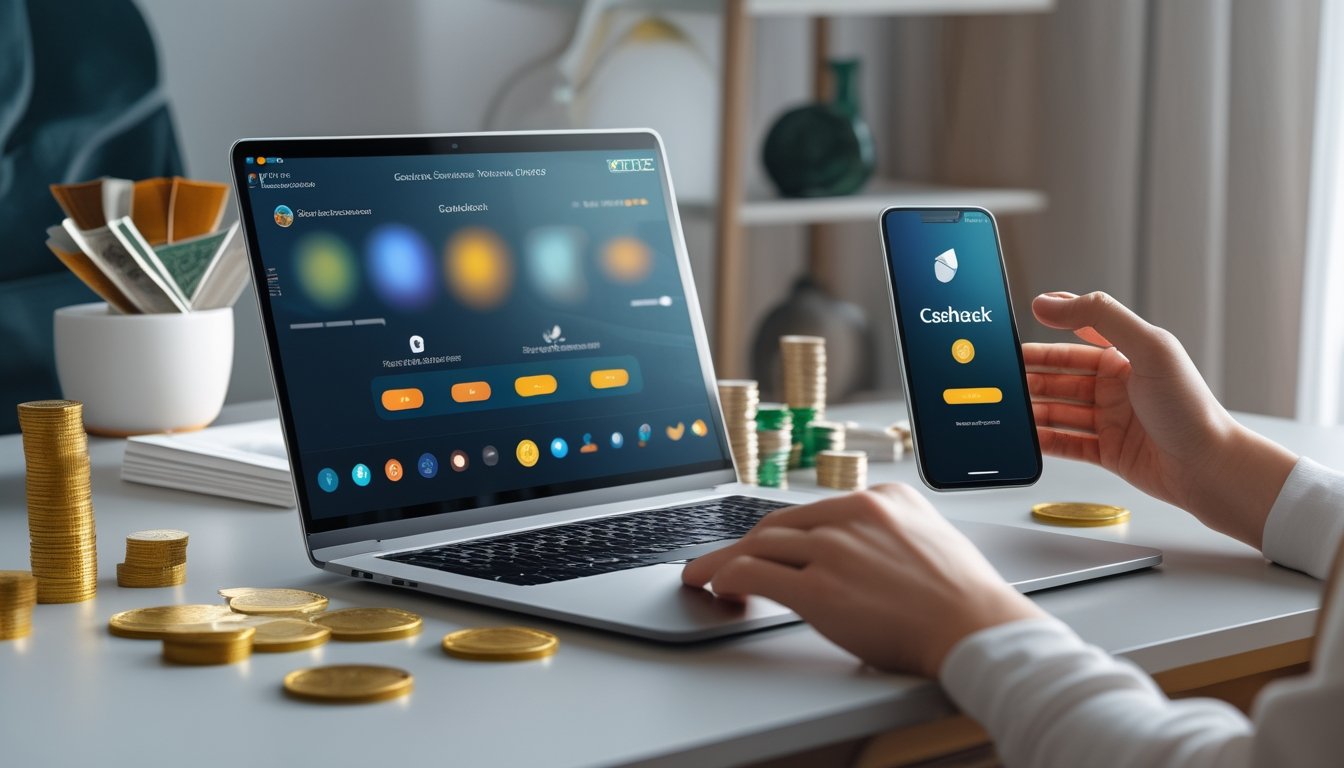 Orang dewasa menggunakan laptop dan ponsel dengan simbol pendaftaran aman, kartu, chip kasino, dan koin hadiah di meja modern.