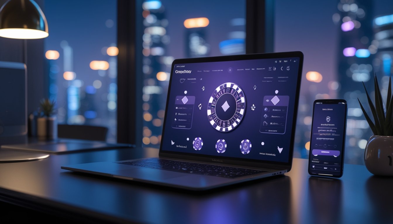 Laptop dan ponsel menampilkan antarmuka kasino abstrak di meja kerja modern pada malam hari.