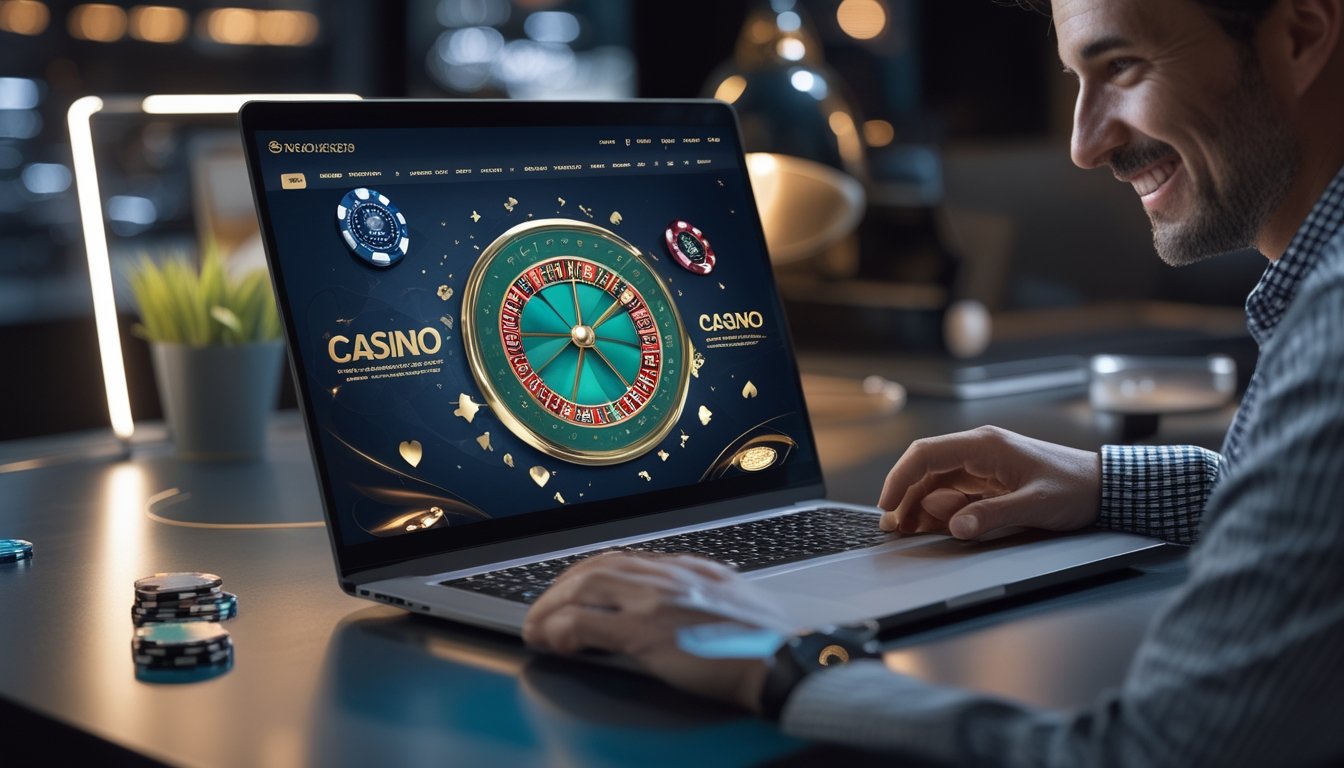 Seseorang menggunakan laptop dan ponsel yang menampilkan antarmuka permainan kasino digital dengan dekorasi kartu dan keping permainan.