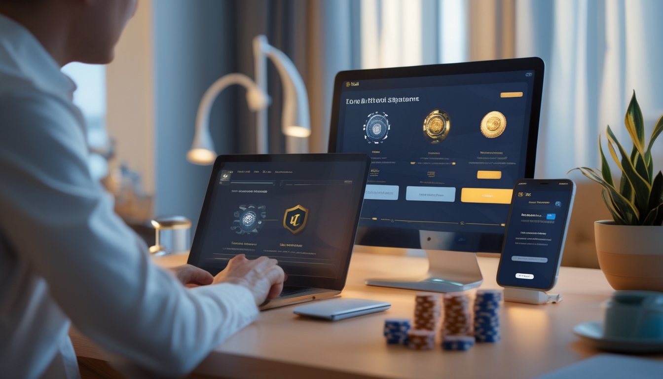 Orang dewasa memeriksa akun kasino online di laptop dengan ponsel dan elemen pembayaran di meja.